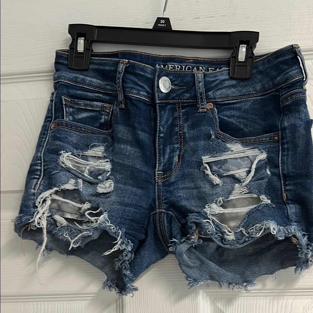 American Eagle Outfitters Women's Dark Blue Ripped Jean Shorts